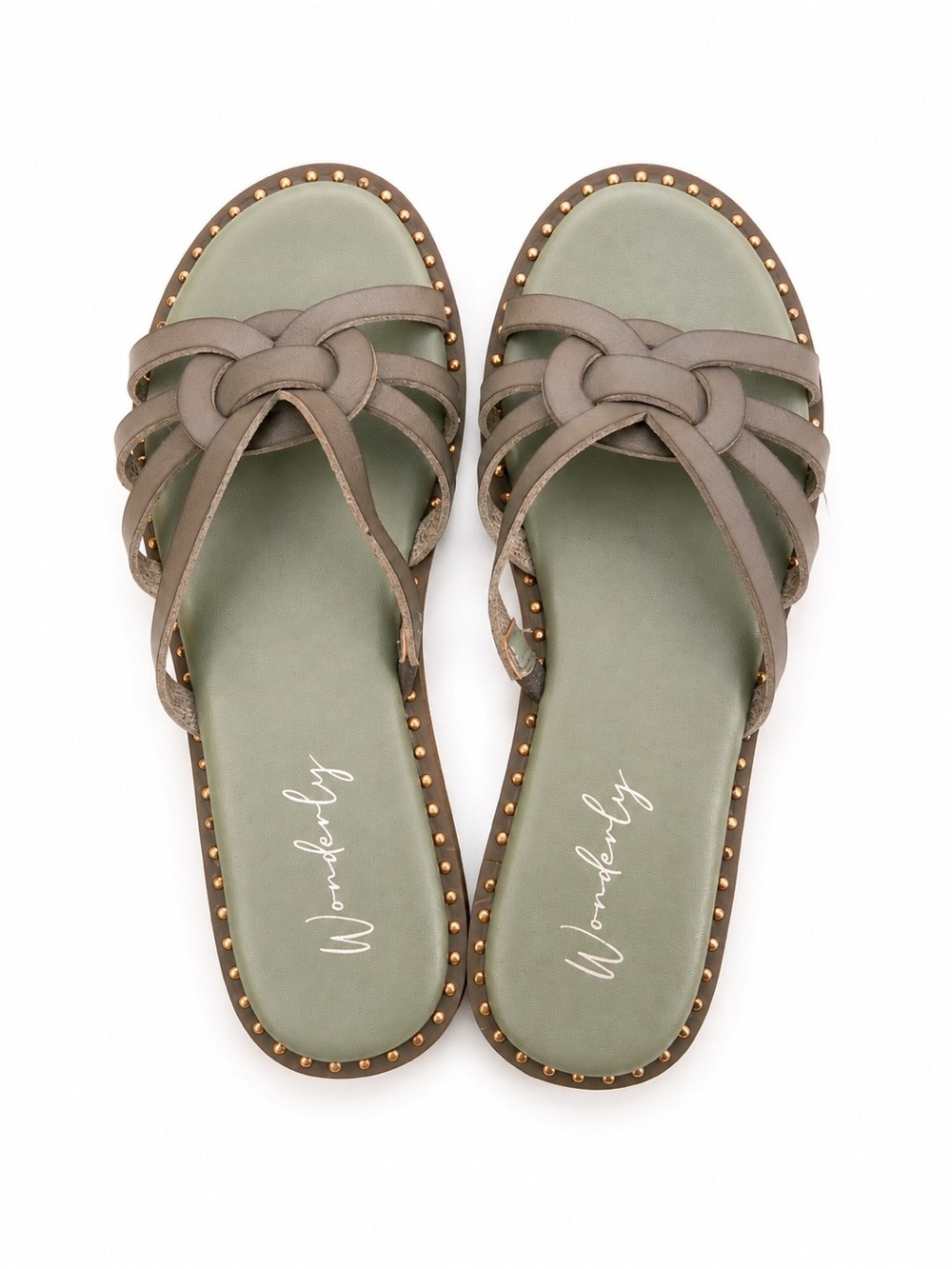 Wonderly Olive Braided Slide Sandals with Gold Stud Trim